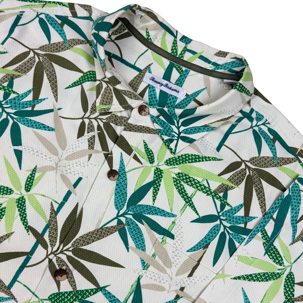 Tommy Bahama Silk Hawaiian Shirt Mens XXXL Bamboo Leaf Print Button Up Tropical